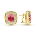 Exquisitely set in 18K gold, these elegant earrings showcase a pair of cushion-cut pink tourmalines, encircled by a halo of meticulously set, sparkling diamonds.