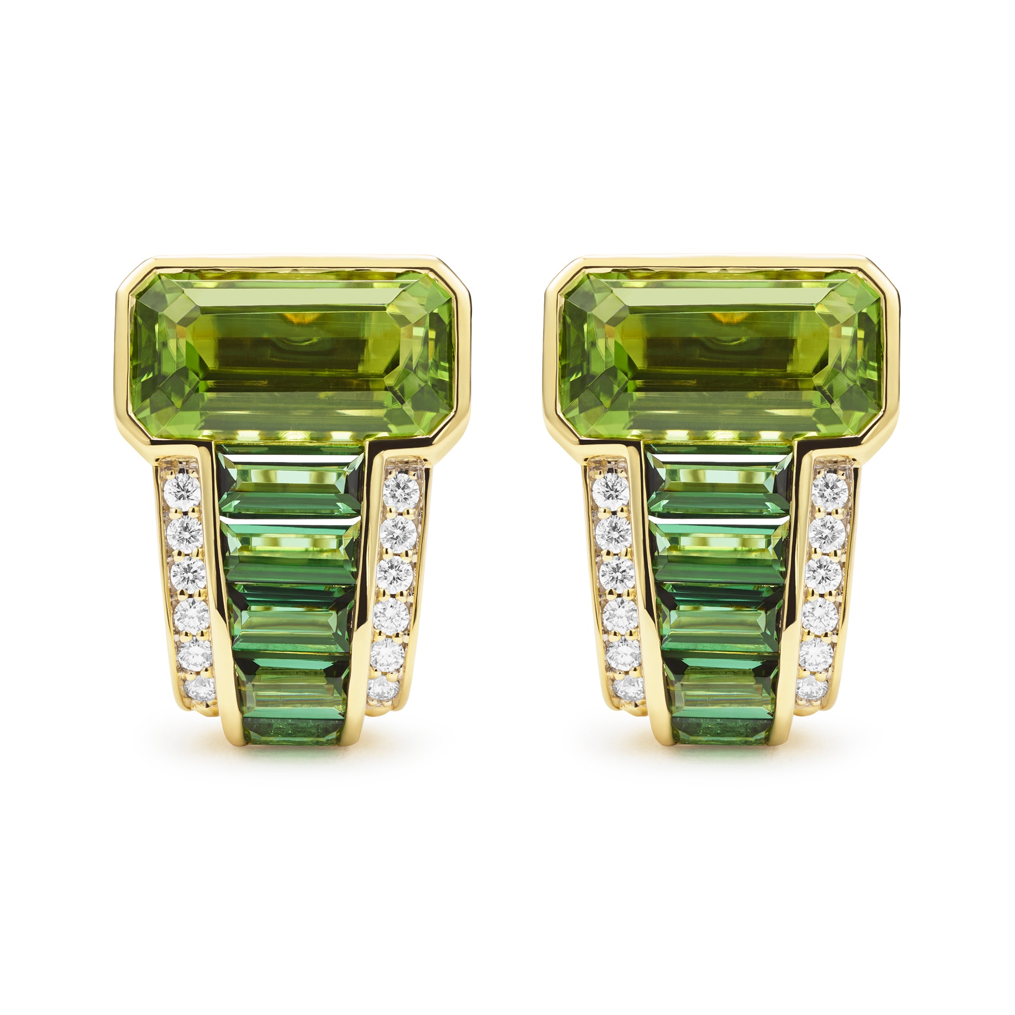 SML 18K Peridot and Green Tourmaline Diamond Omega Clip Earrings