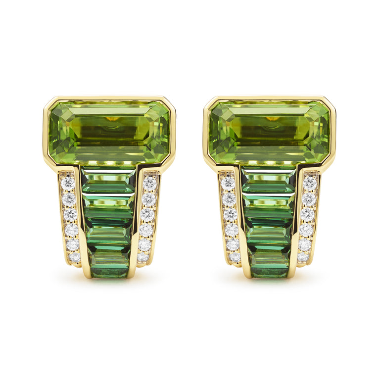 SML 18K Peridot and Green Tourmaline Diamond Omega Clip Earrings