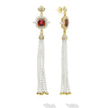 SML 18K Gold Rubellite and Pearl Tassel Earring