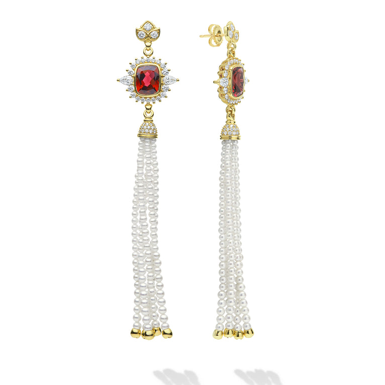 SML 18K Gold Rubellite and Pearl Tassel Earring