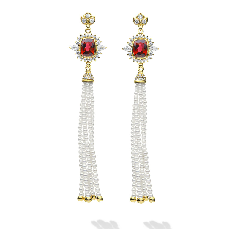 SML 18K Gold Rubellite and Pearl Tassel Earring