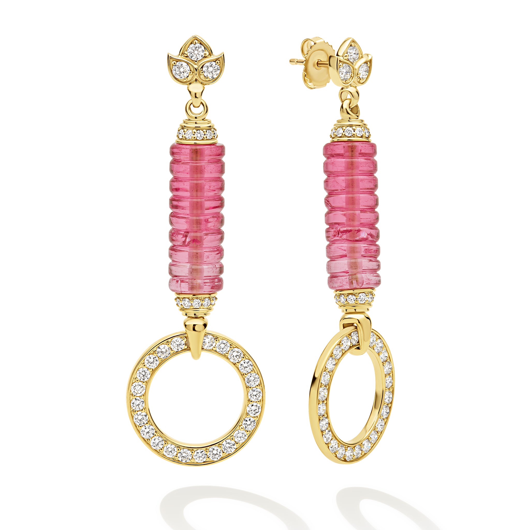 SML 18K Diamond Pink Tourmaline Circle Drop Earrings