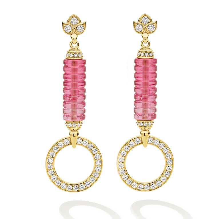 SML 18K Diamond Pink Tourmaline Circle Drop Earrings