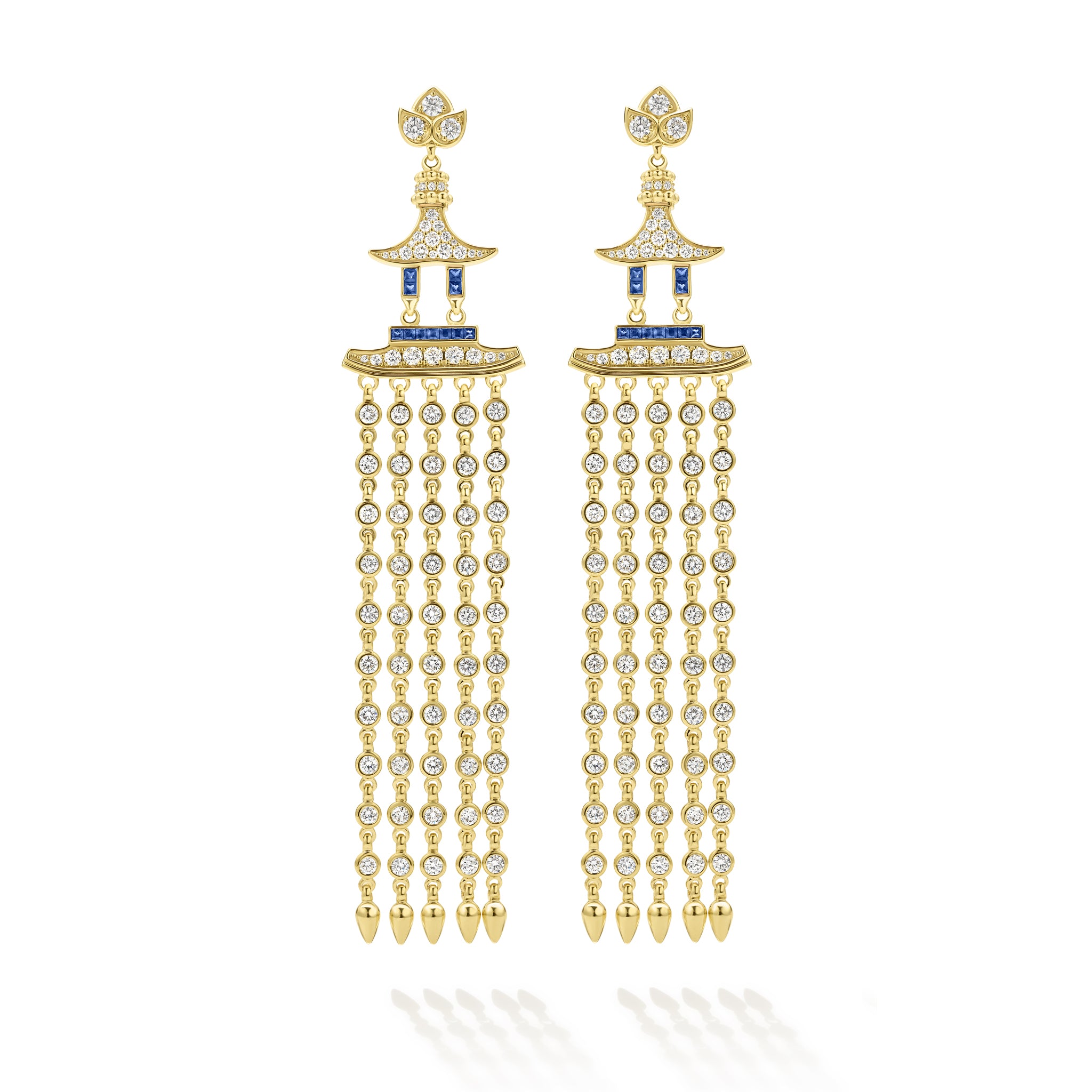 SML 18K Gold Pagoda Diamond and Sapphire Tassel Earring