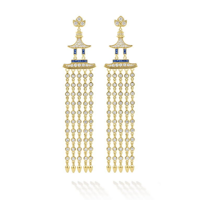 SML 18K Gold Pagoda Diamond and Sapphire Tassel Earring