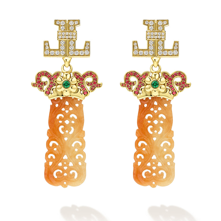 SML 18K Gold Ruby, Jade, and Emerald Panel Diamond Drop Earrings