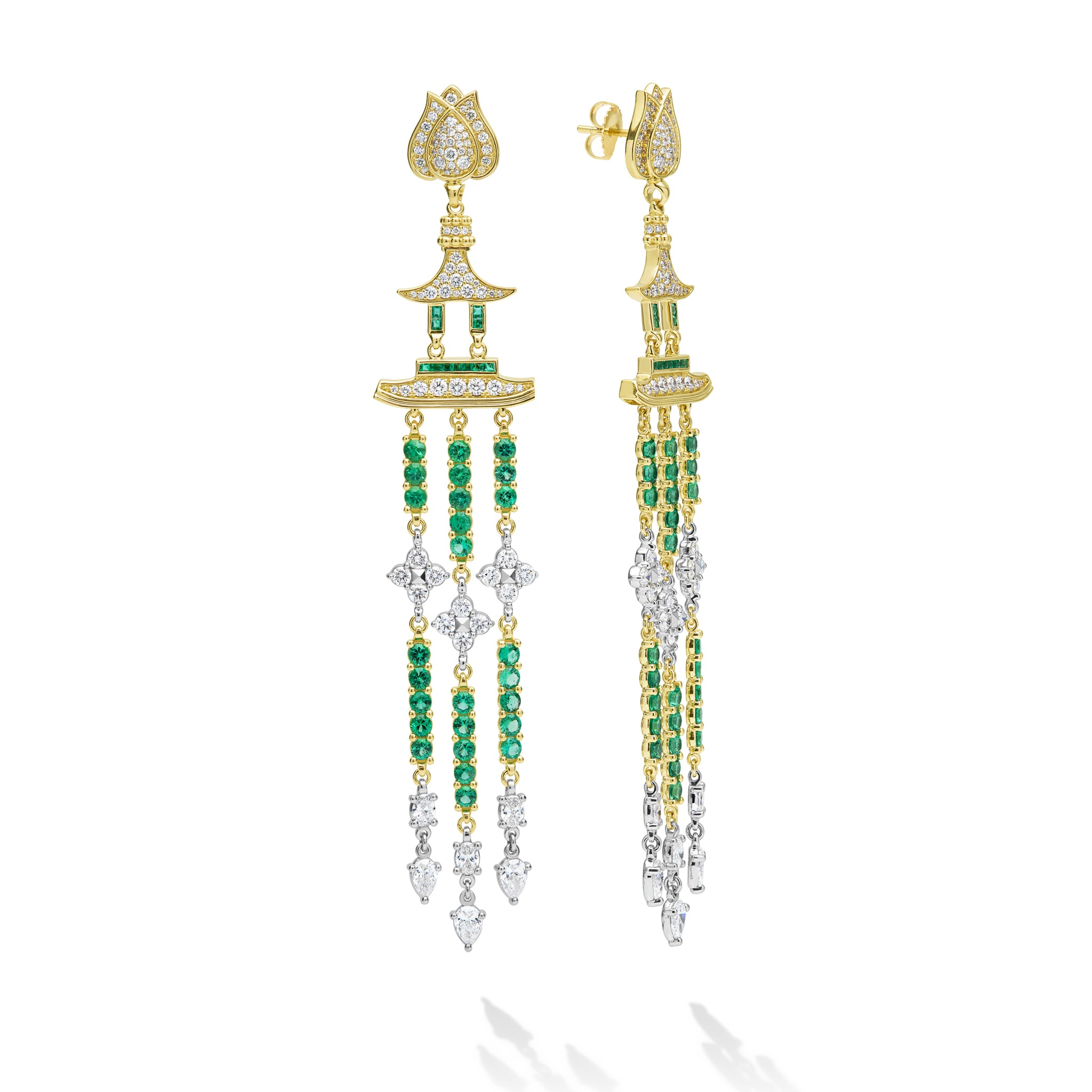 Studio 18K Diamond and Emerald Lotus Drop Earrings