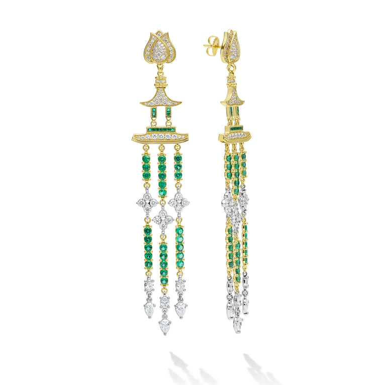 Studio 18K Diamond and Emerald Lotus Drop Earrings