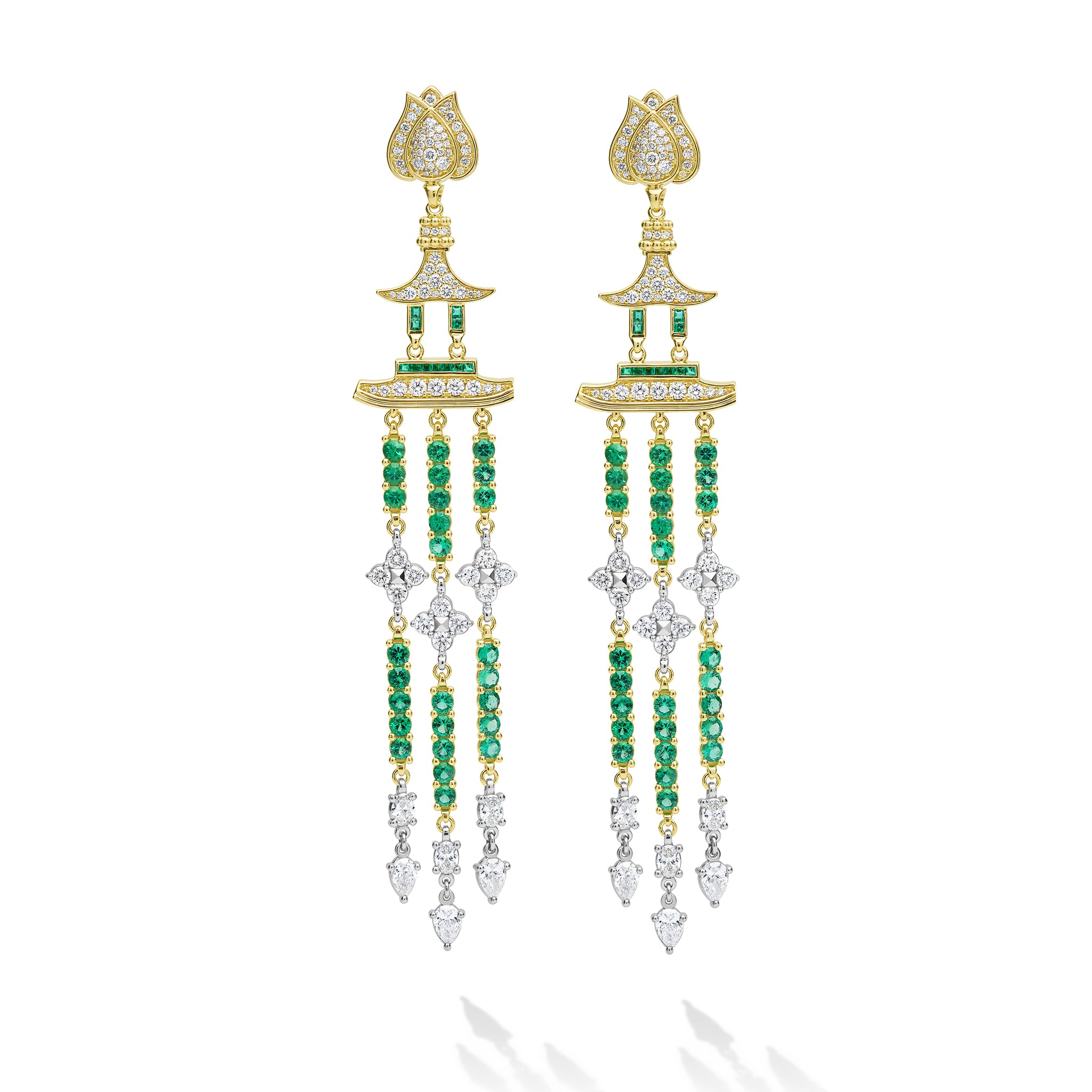 Studio 18K Diamond and Emerald Lotus Drop Earrings