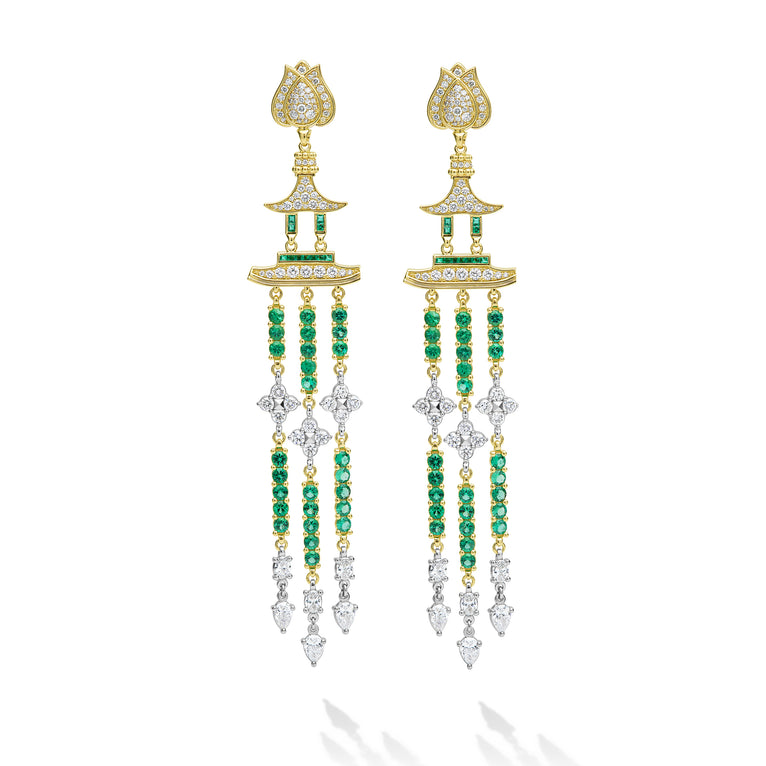Studio 18K Diamond and Emerald Lotus Drop Earrings