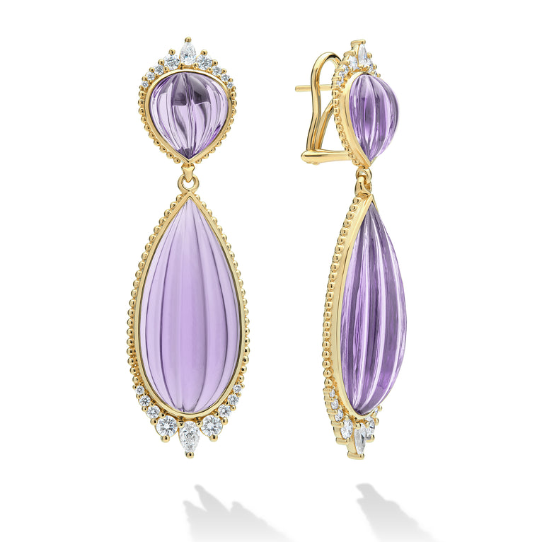 SML 18K Gold Briolette Amethyst & Diamond Teardrop Earrings