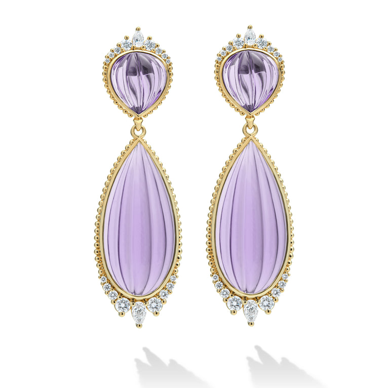 SML 18K Gold Briolette Amethyst & Diamond Teardrop Earrings