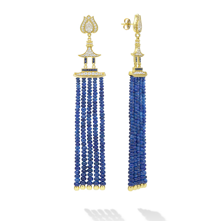 SML 18K Gold Lotus Diamond and Sapphire Tassel Earring
