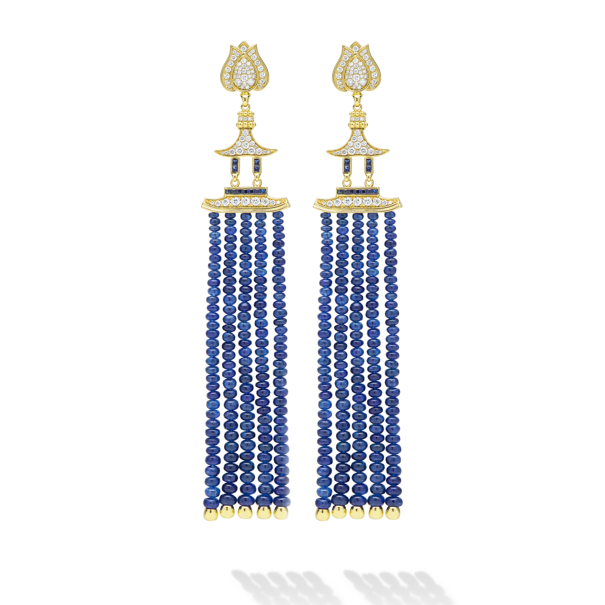 SML 18K Gold Lotus Diamond and Sapphire Tassel Earring