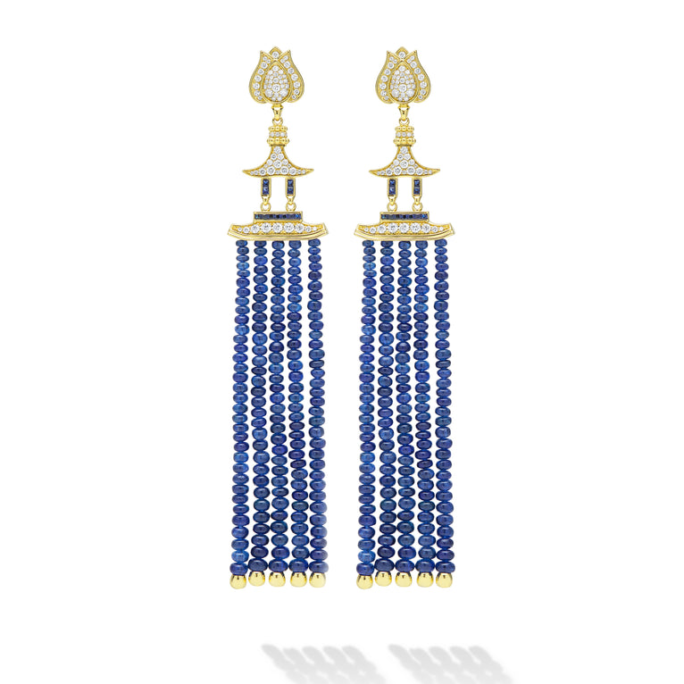 SML 18K Gold Lotus Diamond and Sapphire Tassel Earring