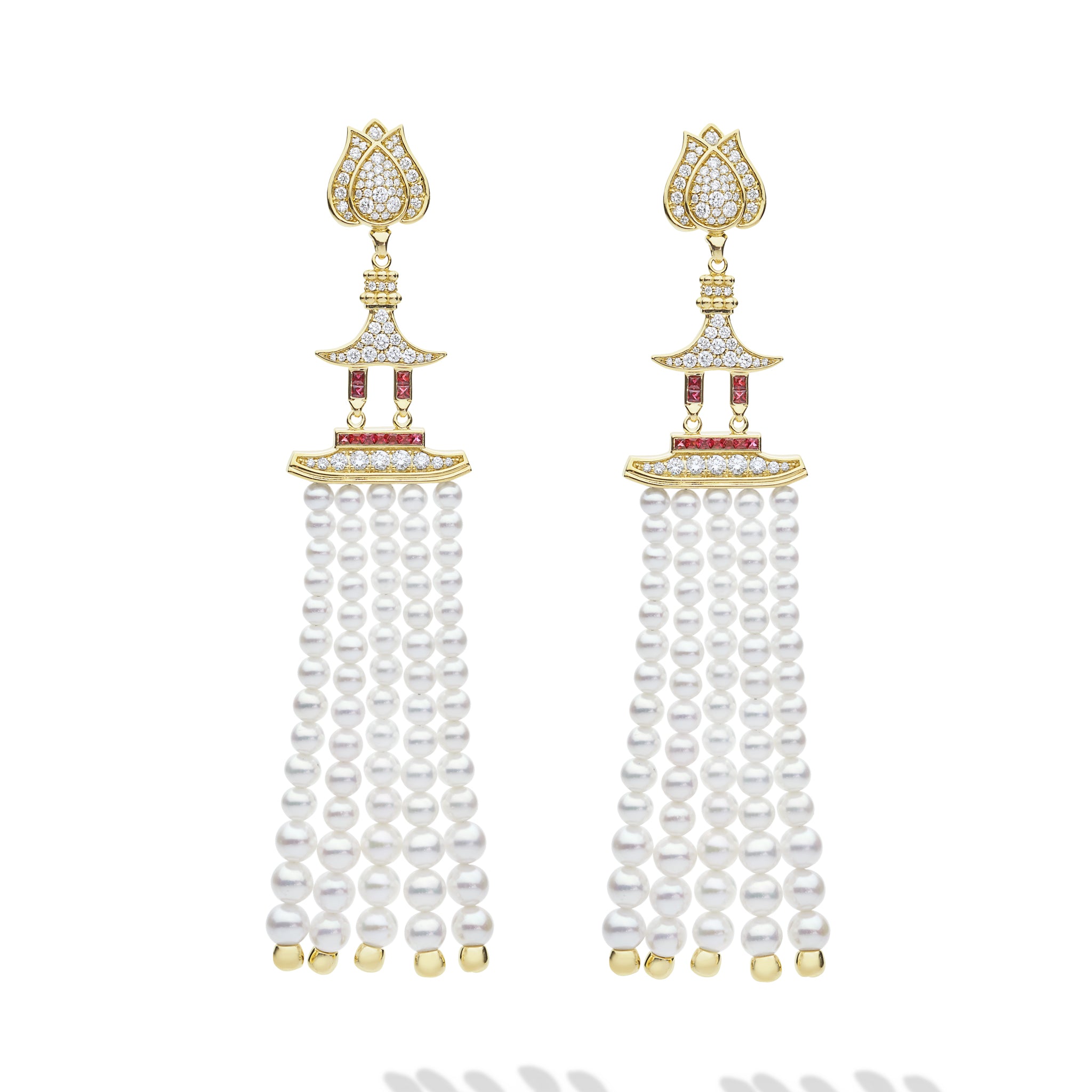 SML 18K Gold Ruby Pagoda with Pearl Tassel Diamond Earrings