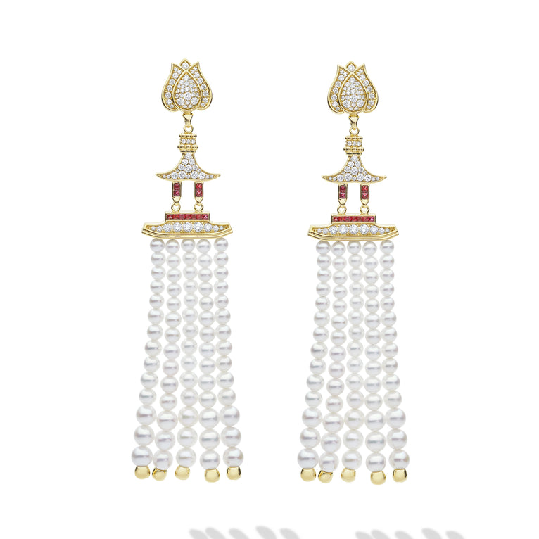SML 18K Gold Ruby Pagoda with Pearl Tassel Diamond Earrings