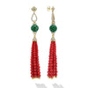 18K Diamond Lotus Jade & Red Coral Tassel Earrings