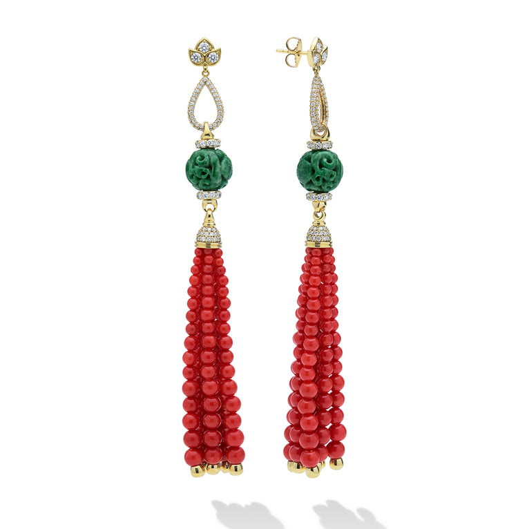 SML 18K Diamond Lotus Jade & Red Coral Tassel Earrings