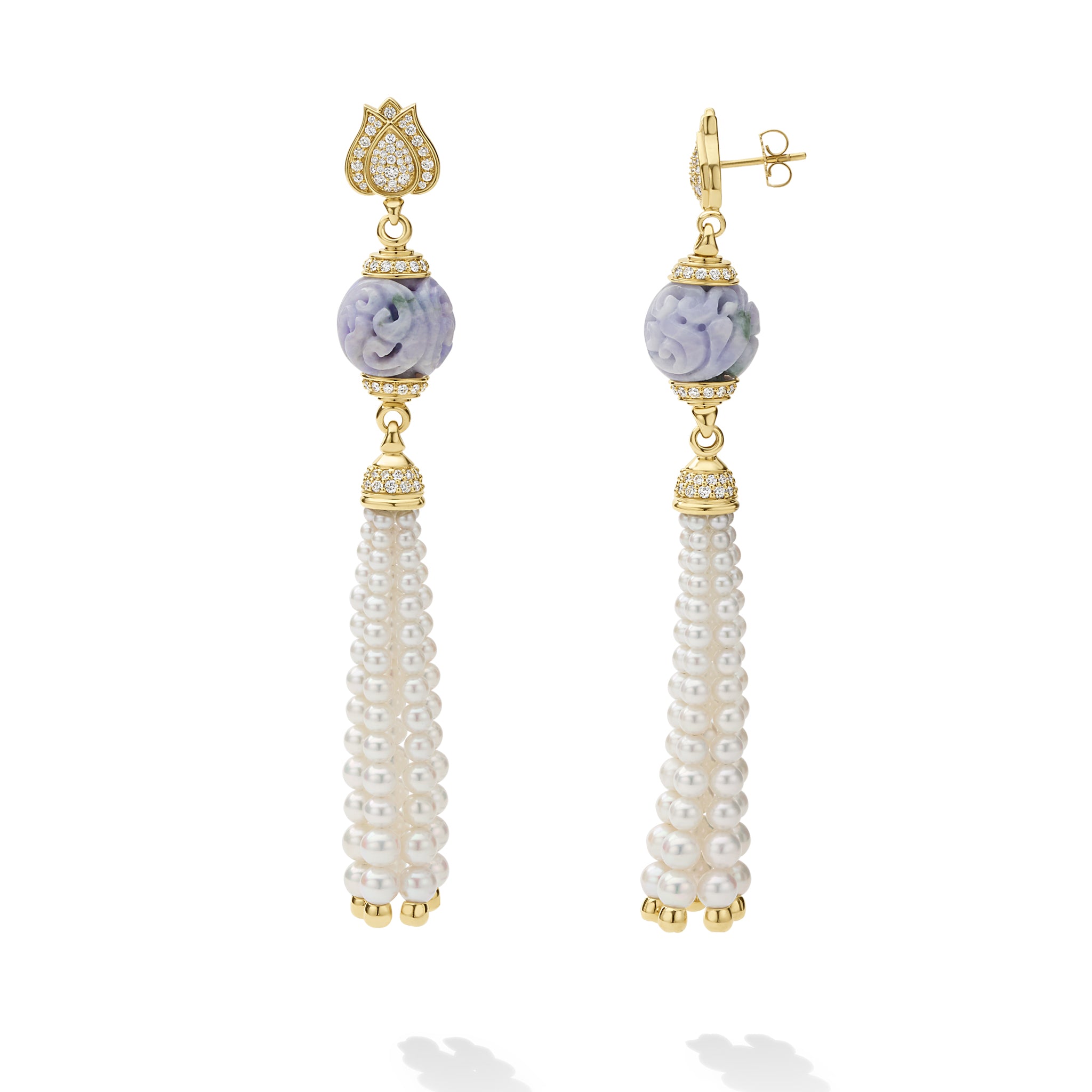 SML 18K Gold Lavender Jade and Pearl Tassel Earring