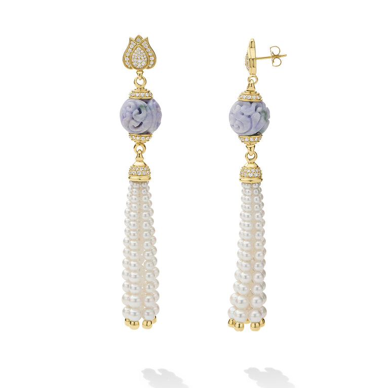 SML 18K Gold Lavender Jade and Pearl Tassel Earring
