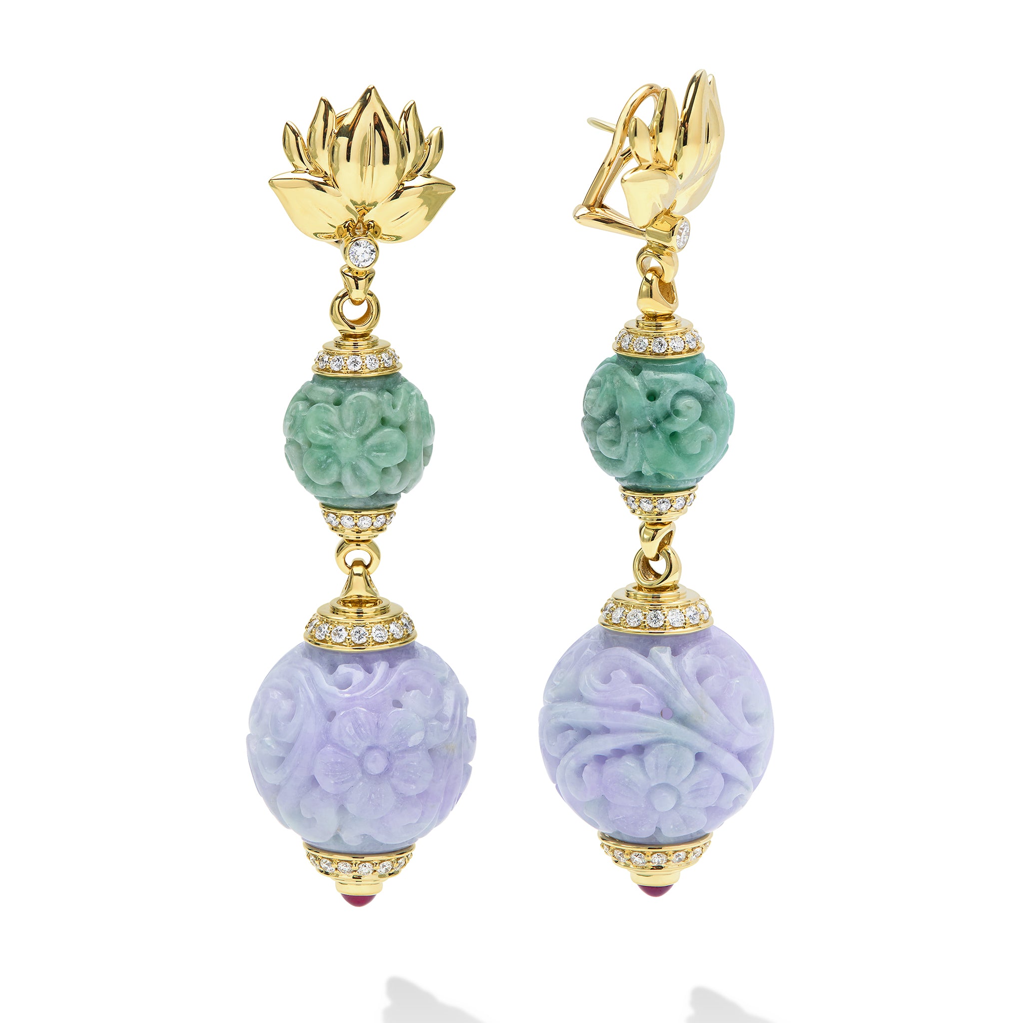 SML 18K Gold Jade and Lavender Carved Ball Diamond Drop Earrings
