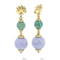 SML 18K Gold Jade and Lavender Carved Ball Diamond Drop Earrings