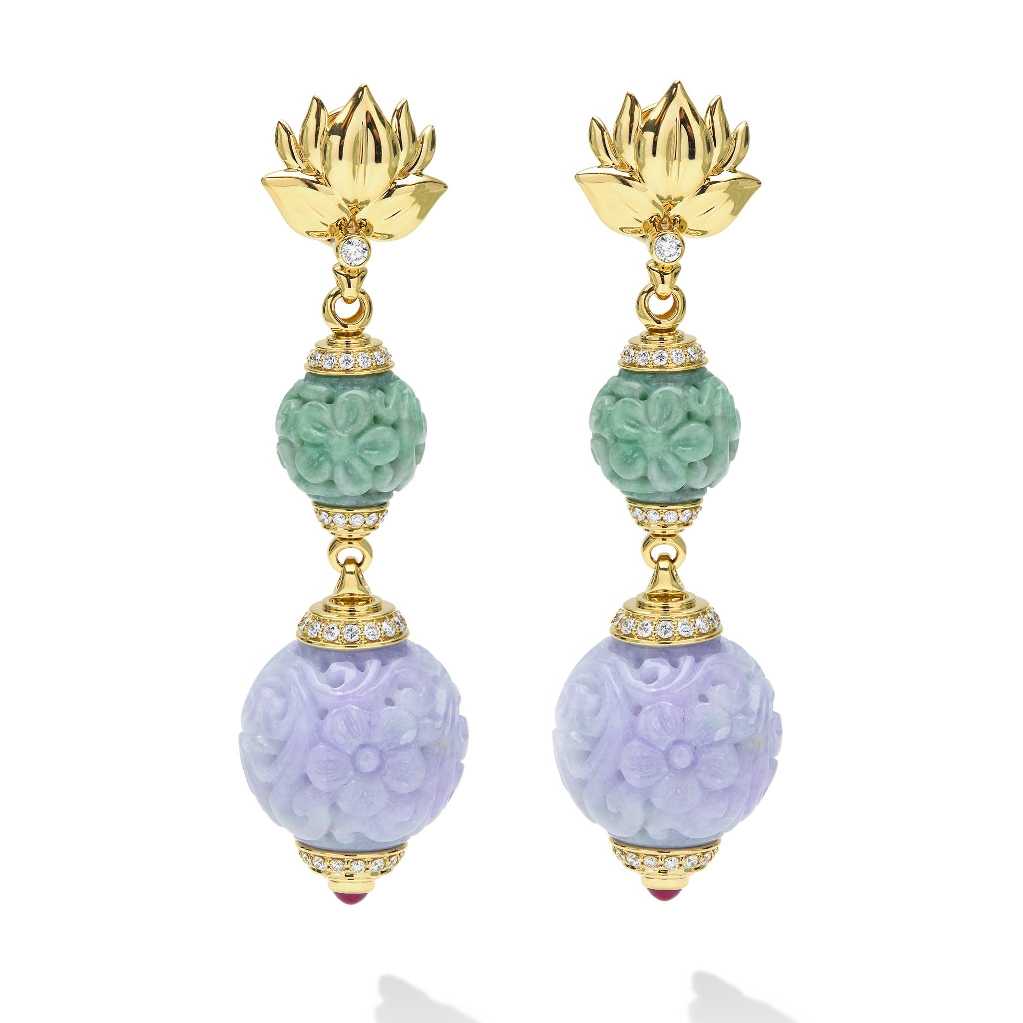 SML 18K Gold Jade and Lavender Carved Ball Diamond Drop Earrings