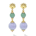 SML 18K Gold Jade and Lavender Carved Ball Diamond Drop Earrings