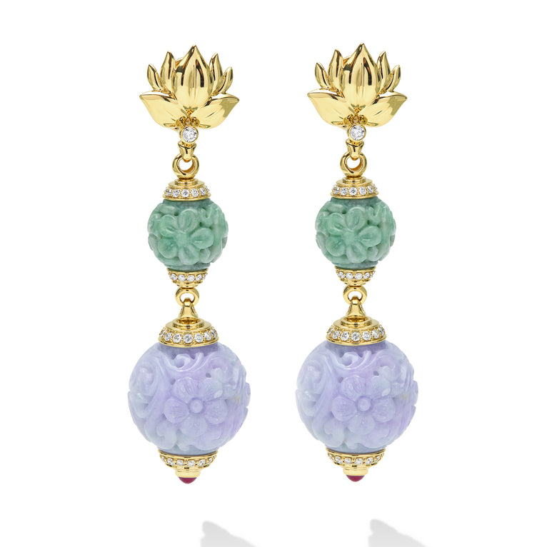 SML 18K Gold Jade and Lavender Carved Ball Diamond Drop Earrings