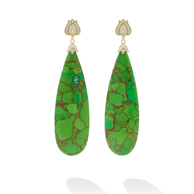SML 18K Gold Diamond and Green Turquoise Lutus Drop Earring