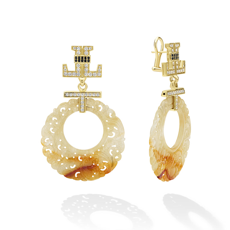 SML 18K Gold Yellow Jade and Black Diamond Ornate Circle Earring