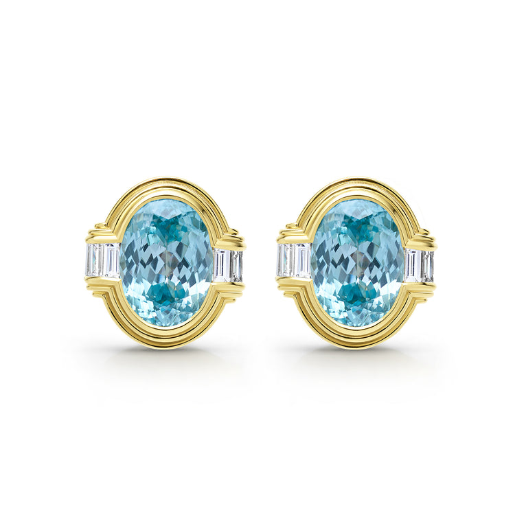 SML 18K Gold Blue Zircon and Diamond Oval Earring