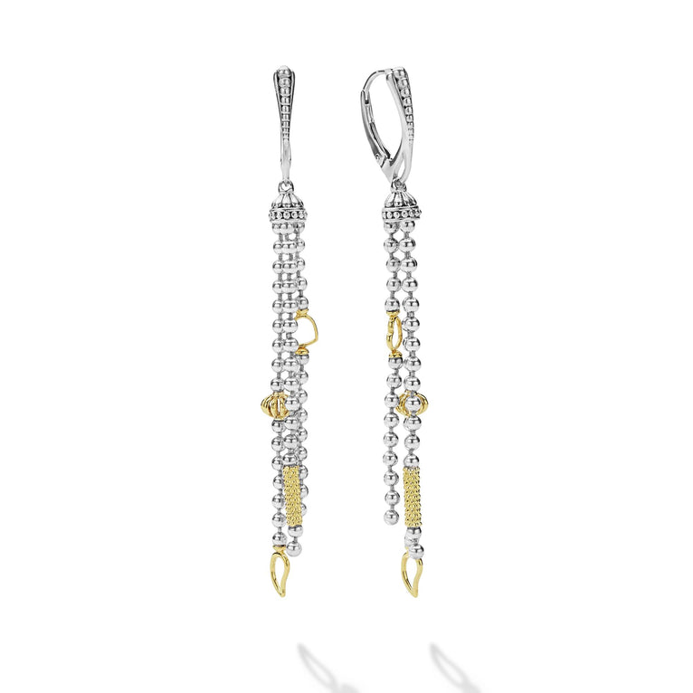 Caviar Icon Two-Tone Caviar Tassel Earrings with polished silver and 18K gold beads, featuring multi-strand tassels and lever-back clasps for elegant movement.