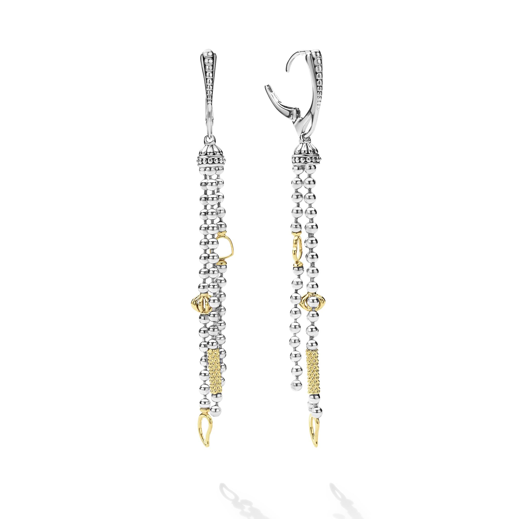 Two-Tone Caviar Tassel Earrings with silver and gold beads, featuring lever-back hoops and dynamic fringe design, showcasing LAGOS’s signature elegance and craftsmanship.