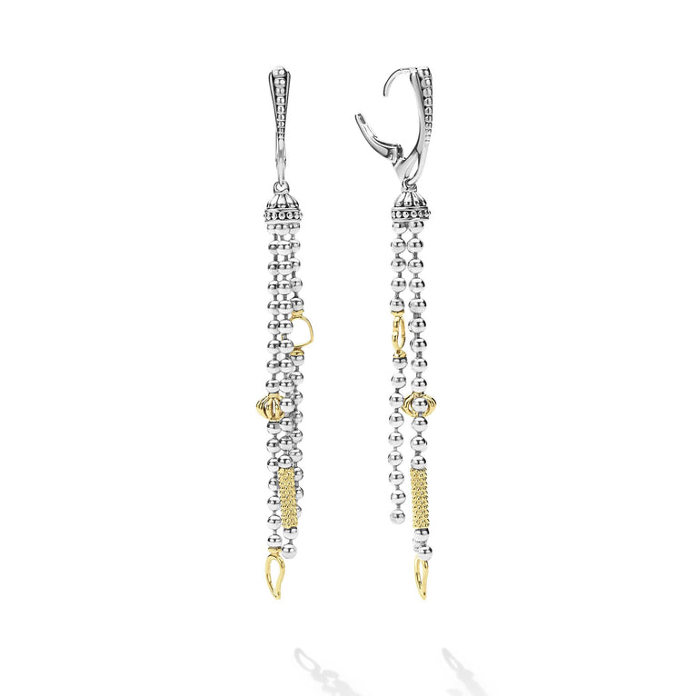 Two-Tone Caviar Tassel Earrings with silver and gold beads, featuring lever-back hoops and dynamic fringe design, showcasing LAGOS’s signature elegance and craftsmanship.