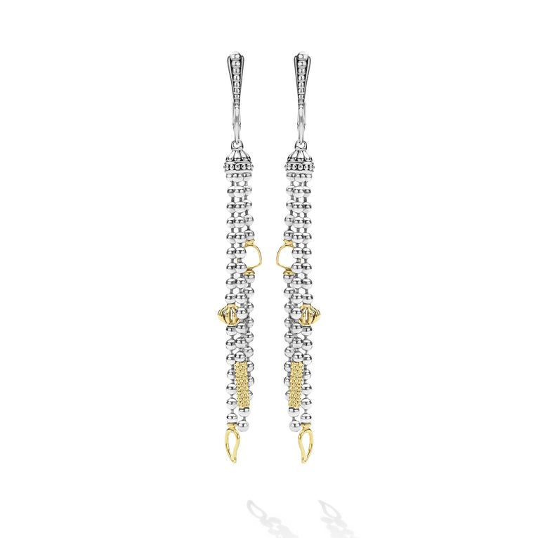 Caviar Icon Two-Tone Caviar Tassel Earrings with sterling silver and 18K gold accents, featuring signature beading and lever-back ear wires for modern elegance.
