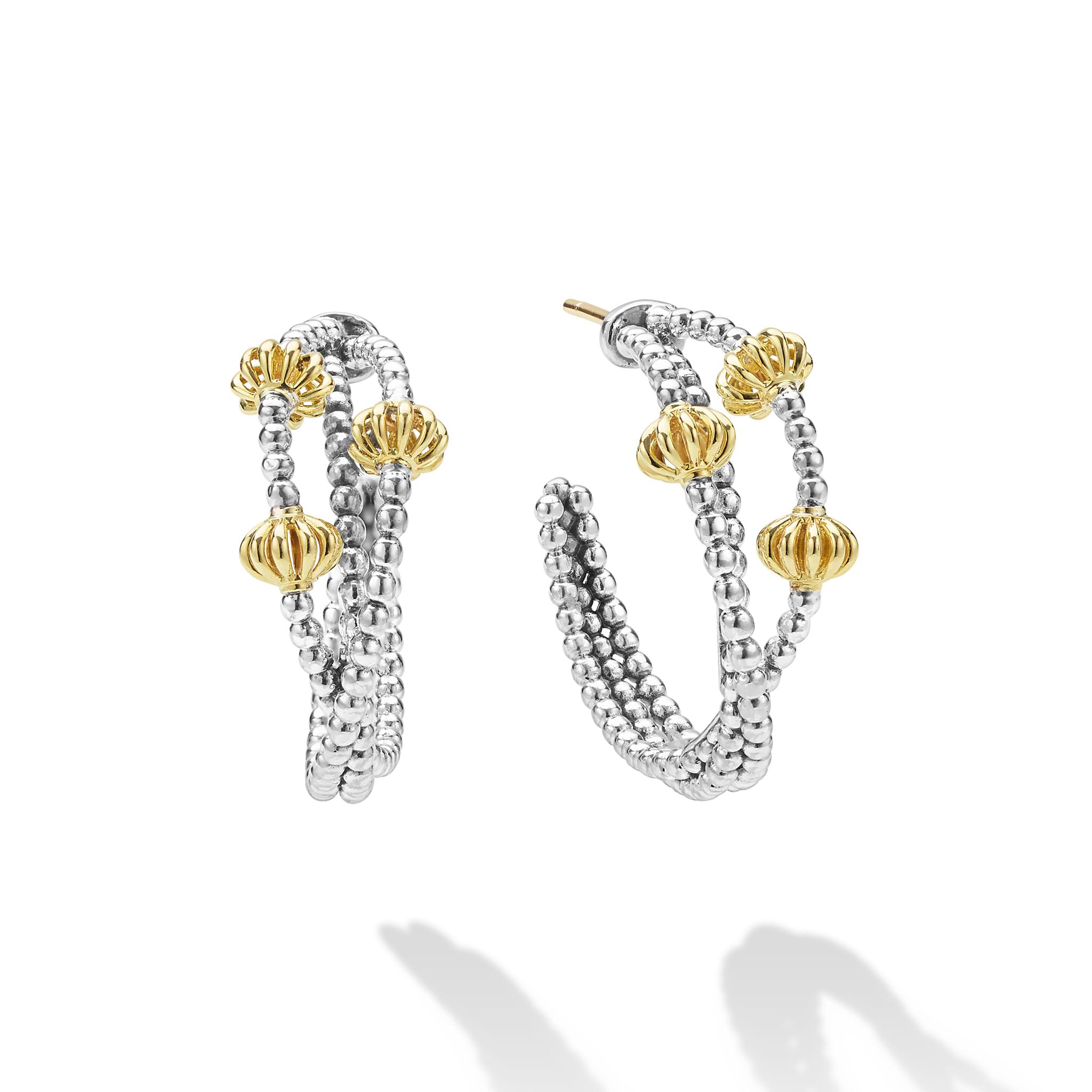 Caviar Icon Sterling Silver & 18K Gold Beaded Triple Hoop Earrings, featuring polished silver hoops with ribbed gold beads, showcasing elegant craftsmanship and modern texture.