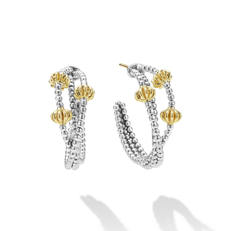 Caviar Icon Sterling Silver & 18K Gold Beaded Triple Hoop Earrings, featuring polished silver hoops with ribbed gold beads, showcasing elegant craftsmanship and modern texture.