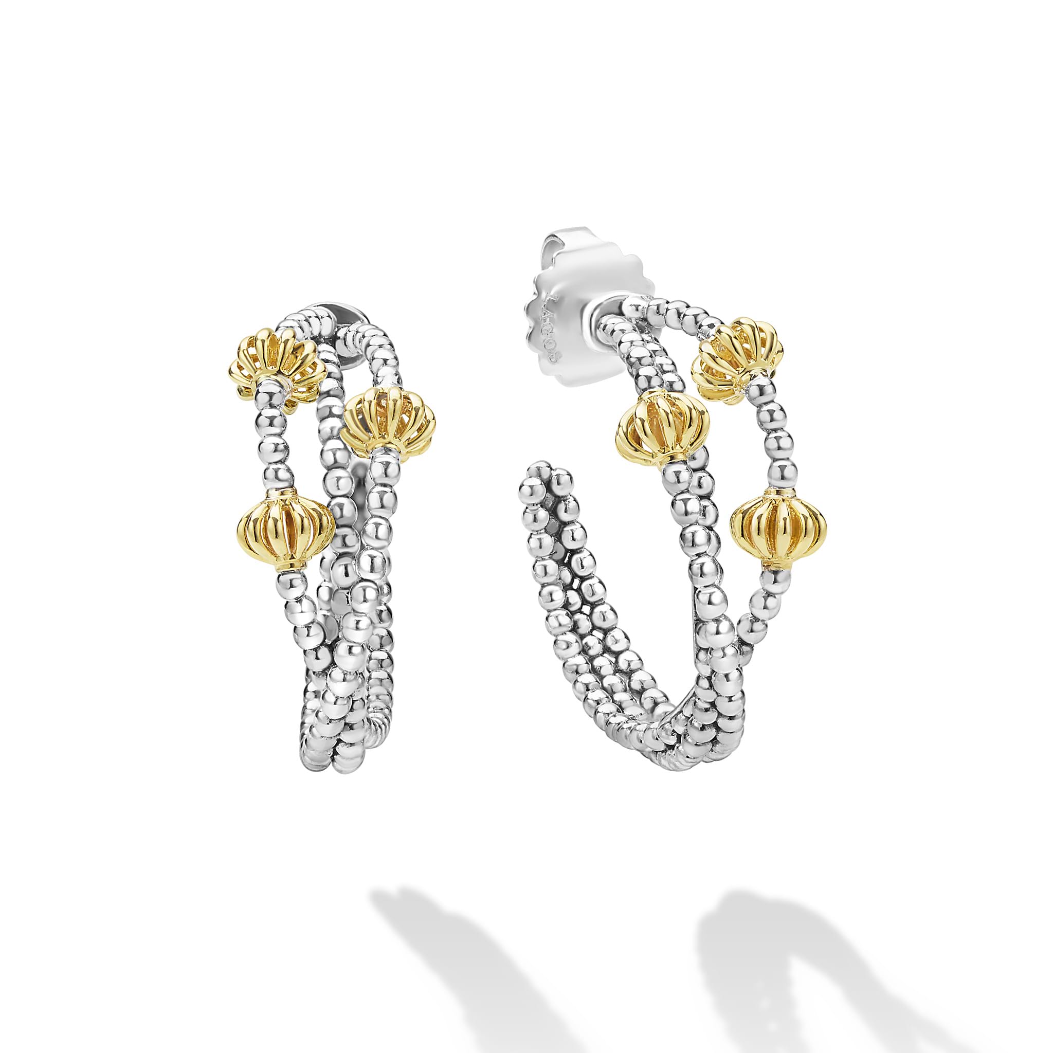 Caviar Icon Sterling Silver & 18K Gold Beaded Triple Hoop Earrings with polished silver loops and gold-tone ribbed beads, showcasing refined elegance and modern texture.