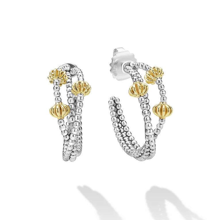Caviar Icon Sterling Silver & 18K Gold Beaded Triple Hoop Earrings with polished silver loops and gold-tone ribbed beads, showcasing refined elegance and modern texture.