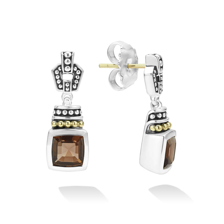 Smokey quartz gemstone drop earrings with 18K gold and sterling silver Caviar accents. Finished with 14k gold posts.