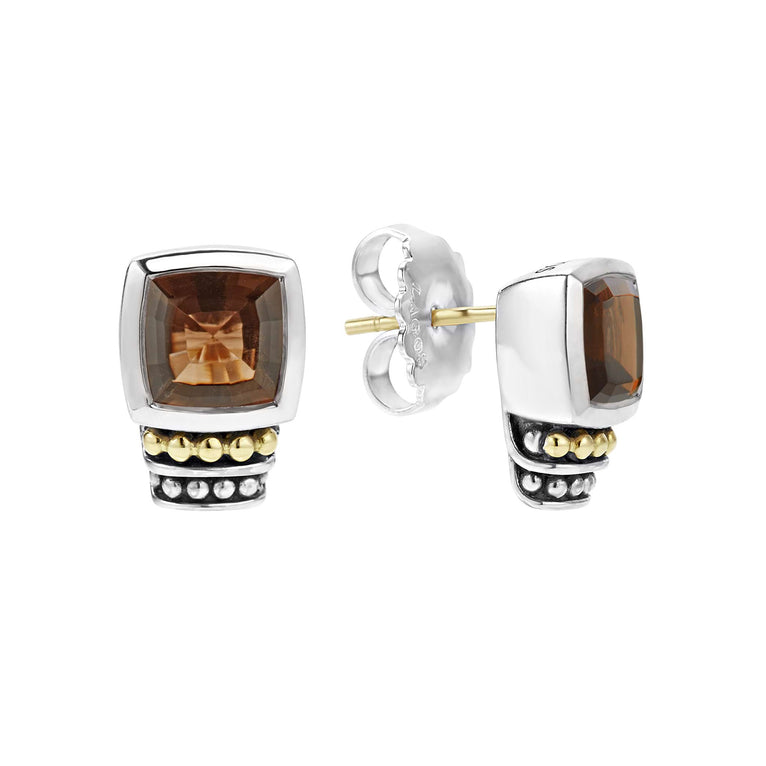 Smokey quartz bezel-set gemstone stud earrings with 18K gold and sterling silver Caviar beaded accents.