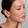 Side-profile of a person wearing Rare Wonders Honeybee Drop Earrings, featuring 18K gold Caviar beading and black rhodium on sterling silver, highlighting elegance and craftsmanship.