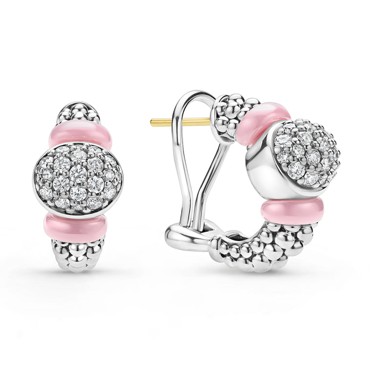 Caviar Color Sterling Silver and Pink Ceramic Diamond Oval Hoop Earring