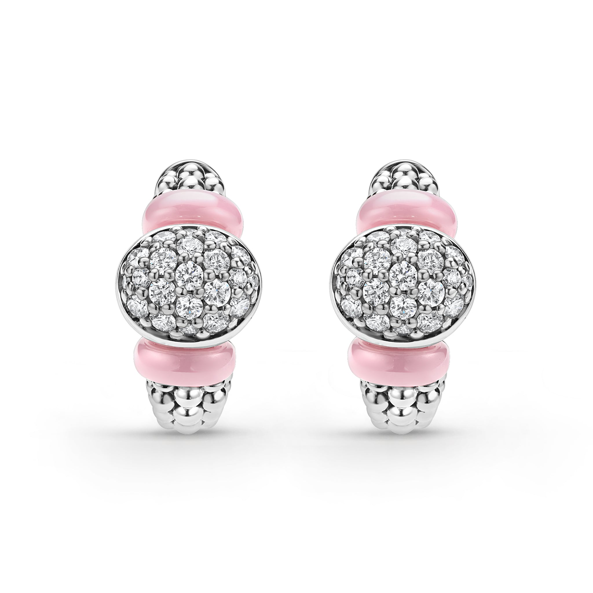 Caviar Color Sterling Silver and Pink Ceramic Diamond Oval Hoop Earring