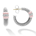 Pink ceramic and a diamond station highlight these sterling silver Caviar beaded hoop earrings. LAGOS diamonds are the highest quality natural stones.