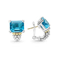 Glacier Large Swiss Blue Topaz Huggie Earrings featuring square-cut gemstones in sterling silver with 18K gold caviar beading, showcasing LAGOS craftsmanship.