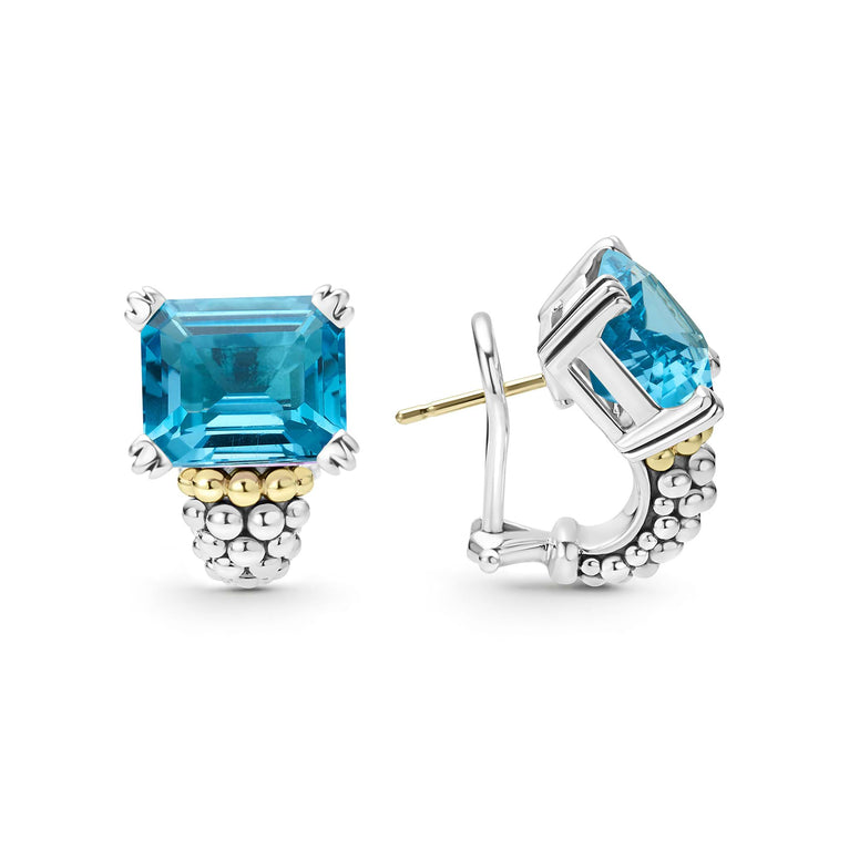 Glacier Large Swiss Blue Topaz Huggie Earrings featuring square-cut gemstones in sterling silver with 18K gold caviar beading, showcasing LAGOS craftsmanship.